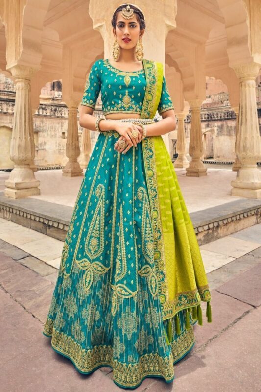 Buy Bottle Green Banarasi Silk Traditional Wear Weaving Half N Half Saree  Online From Wholesale Salwar.