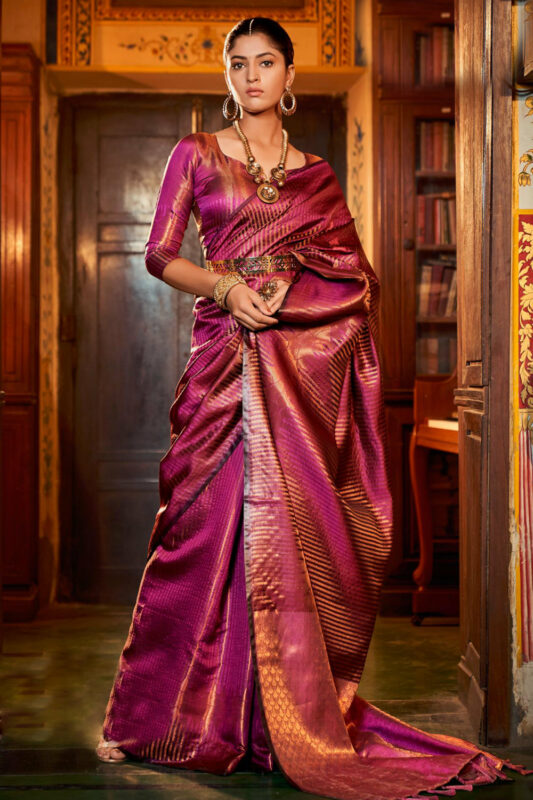 Royal Violet Purple Kanjivaram Designer Silk Saree – TrendOye