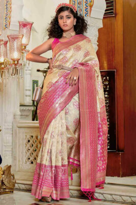 beige and pink banarasi saree
