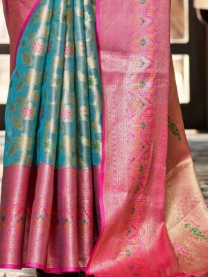 Buy SWIFFIN Designer Cotton Silk Paithani Sky Blue-Pink Saree For  Women/Women Saree With Unstitched Blouse- PAITHANI-SKY BLUE-PINK Online at  Best Prices in India - JioMart.