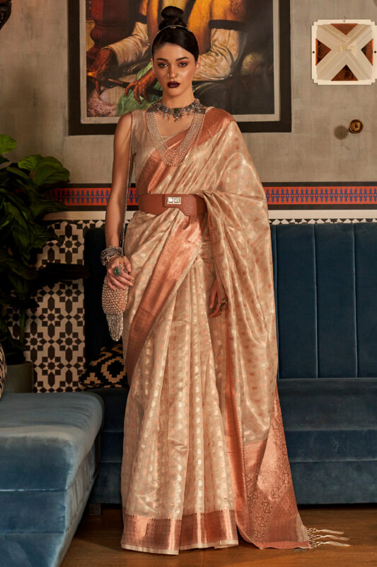 Old Gold Kanjivaram Silk Saree With Floral And Mayil Design | Singhania's