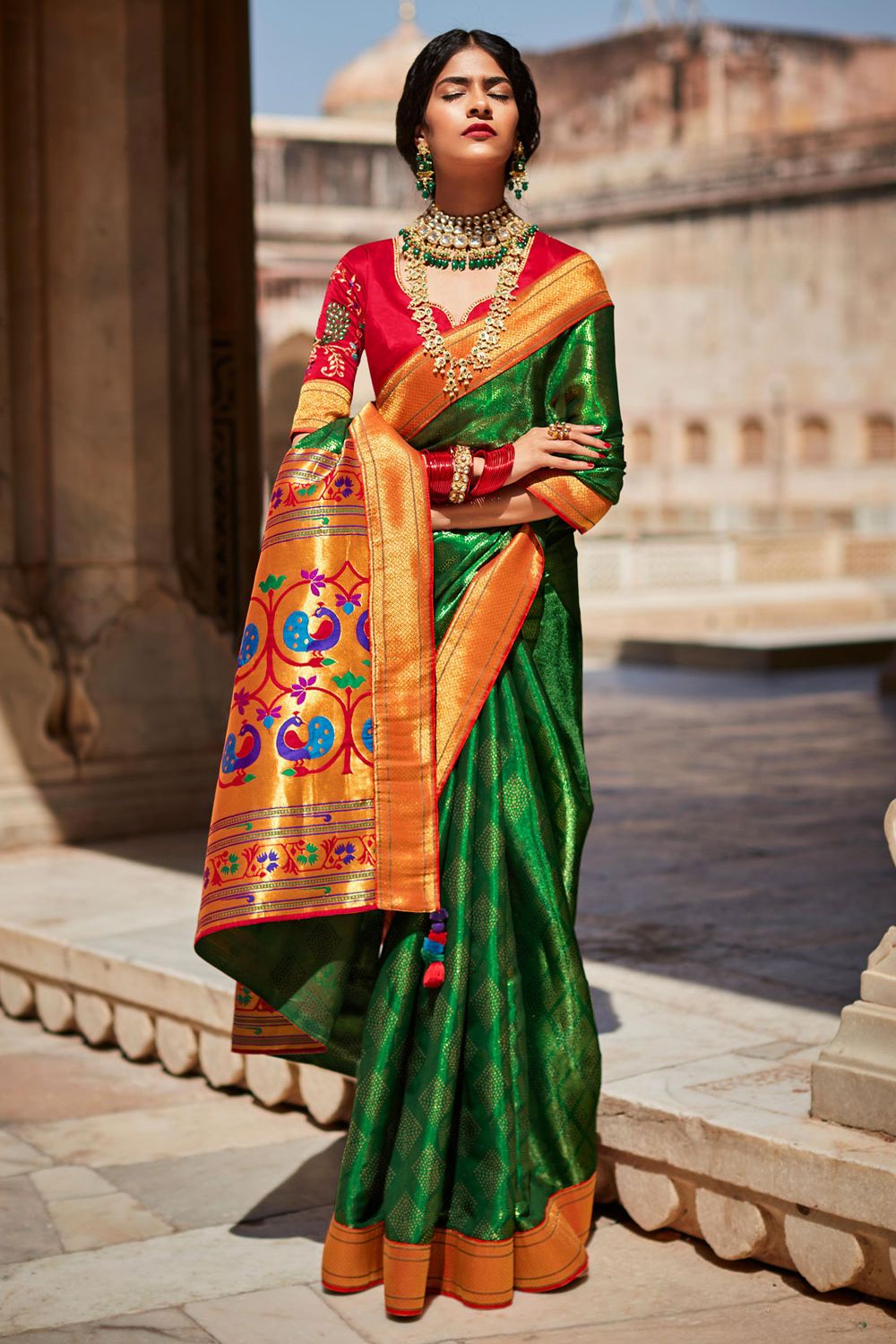 Parrot Green Soft Paithani Printed Brasso Silk Saree With Embroidered Blouse  | Kolour