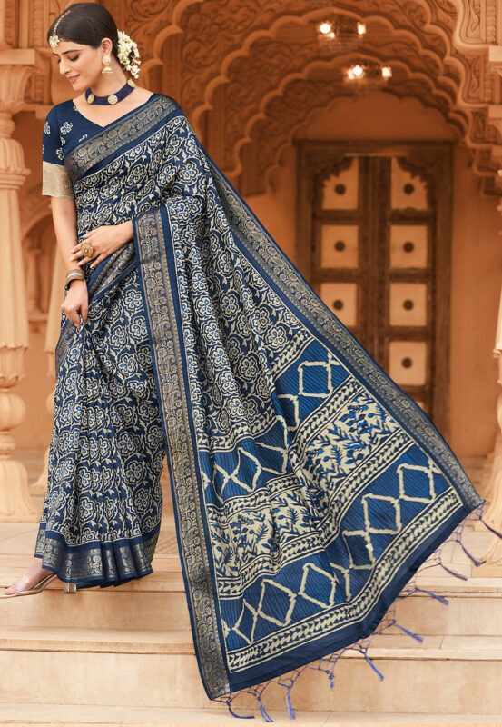 Chocolate color silk sarees with batik style print design -SILK0003277