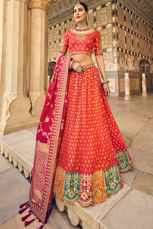 Banarasi Silk Woven Lehenga in Firozi | Silk lehenga, Indian wedding lehenga,  Lehenga designs