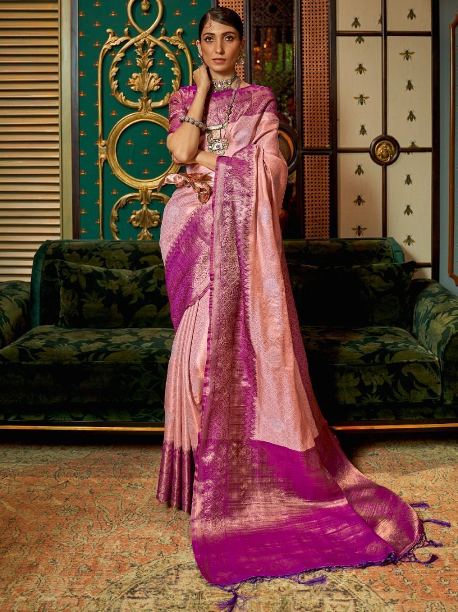 Checked Pink Kanjeevaram Silk Saree With Purple Border