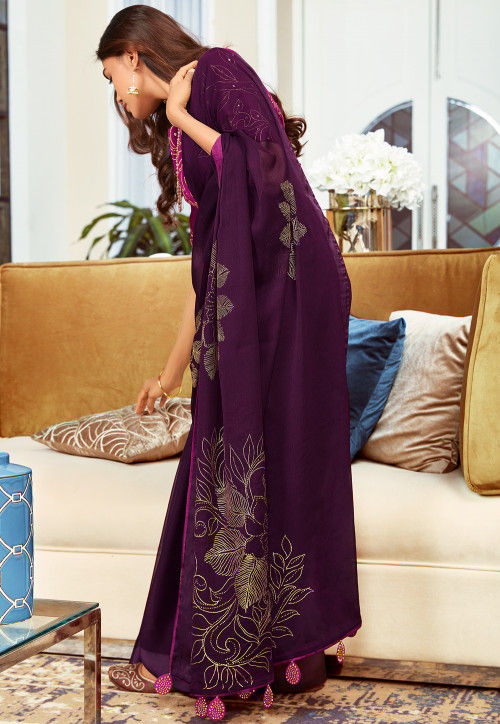 purple foil print saree