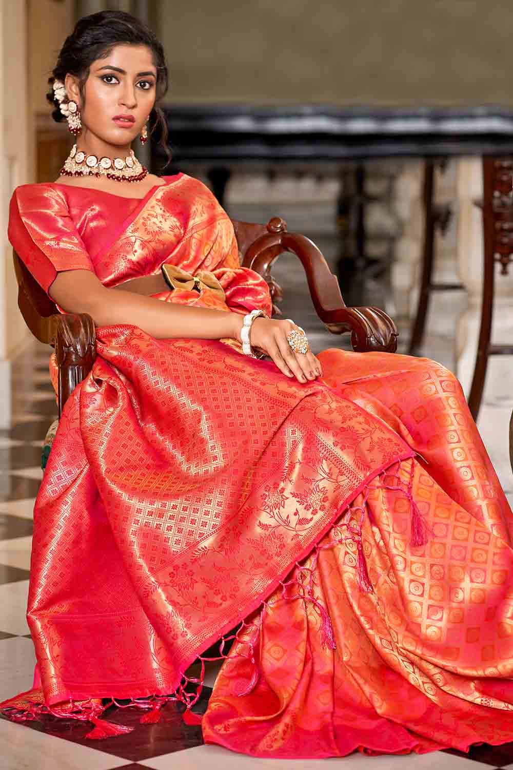 Buy Orange And Red Banarasi Saree online-Karagiri