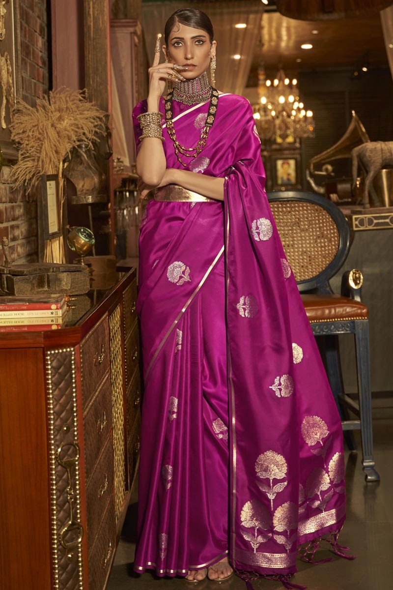 Jazzberry Woven Satin Silk Floral Purple Banarasi saree Saree