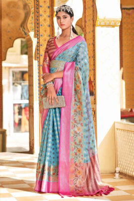 sky blue and pink banarasi saree