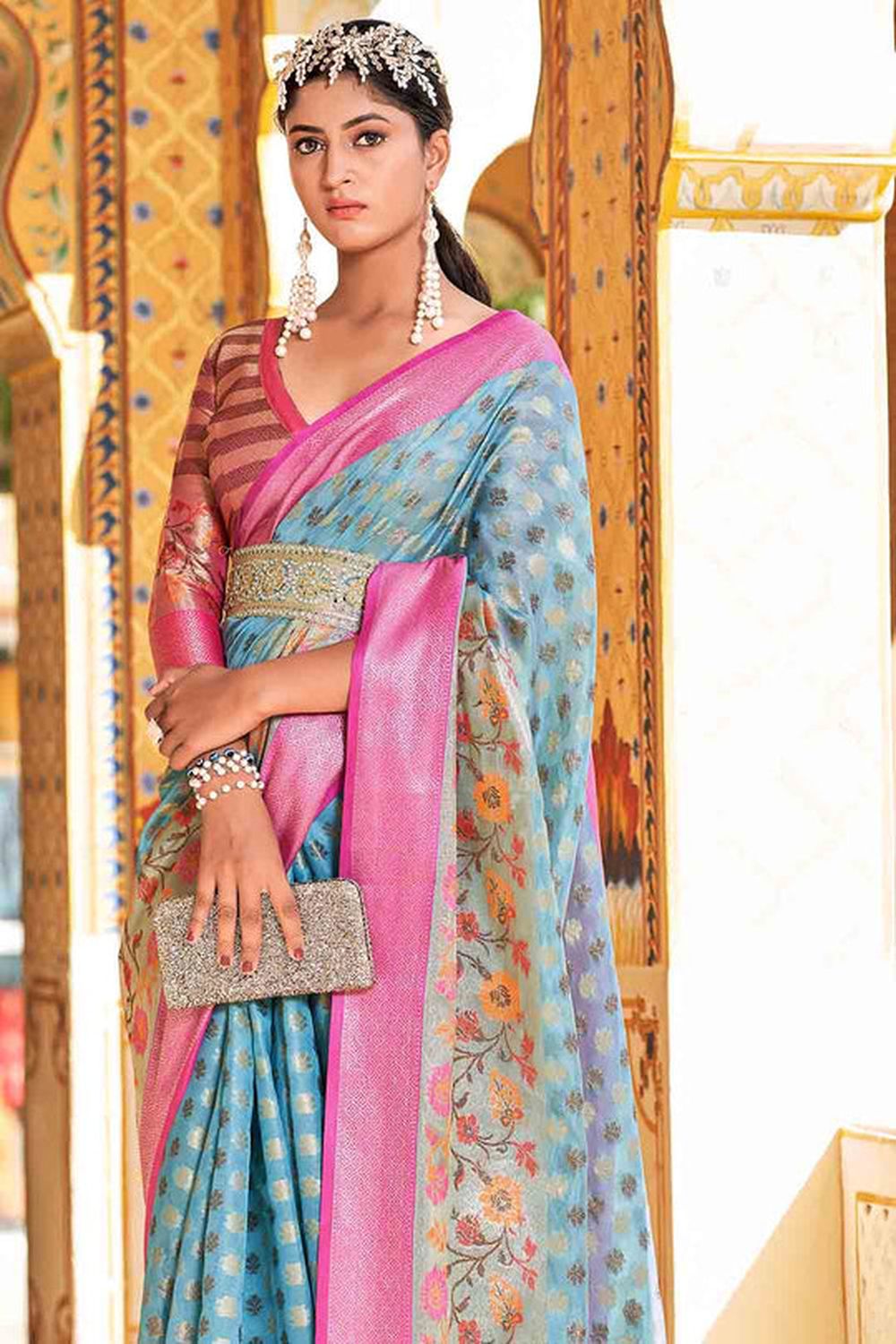 Blue And Pink Zari Woven Tissue Fabric Banarasi Silk Saree