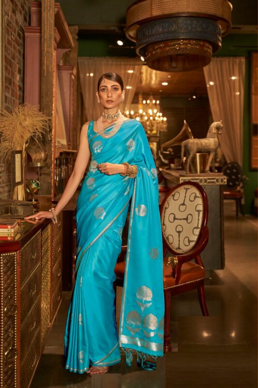 Embroidered Satin Georgette Saree in Teal Blue : SSF21180