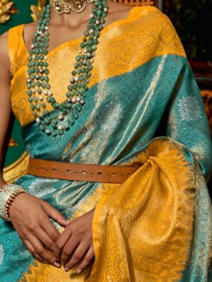 yellow and blue kanjivaram saree 4