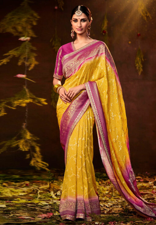yellow and pink georgette saree
