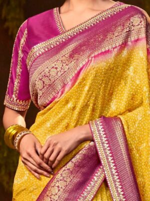 Banarasee Handwoven Semi Silk Saree With Contrast Border-Yellow & Pink