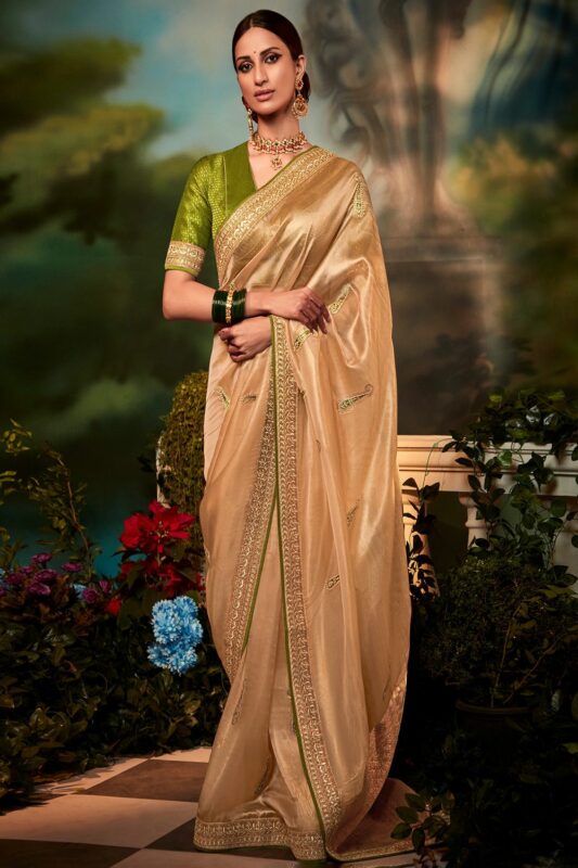 Gold Organza Embroidered Saree With Thread Work at Soch