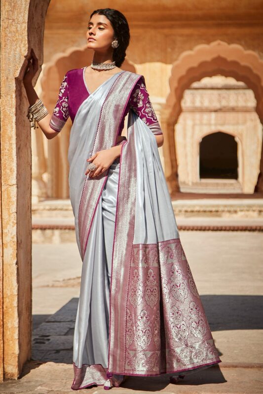 Buy Grey Party Wear Crepe Sarees Online for Women in USA