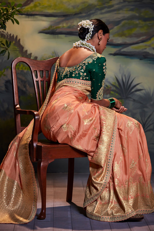 Kimora Tan Peach And Green Banarasi Saree With Designer Blouse – Kimora  Fashion Pvt Ltd