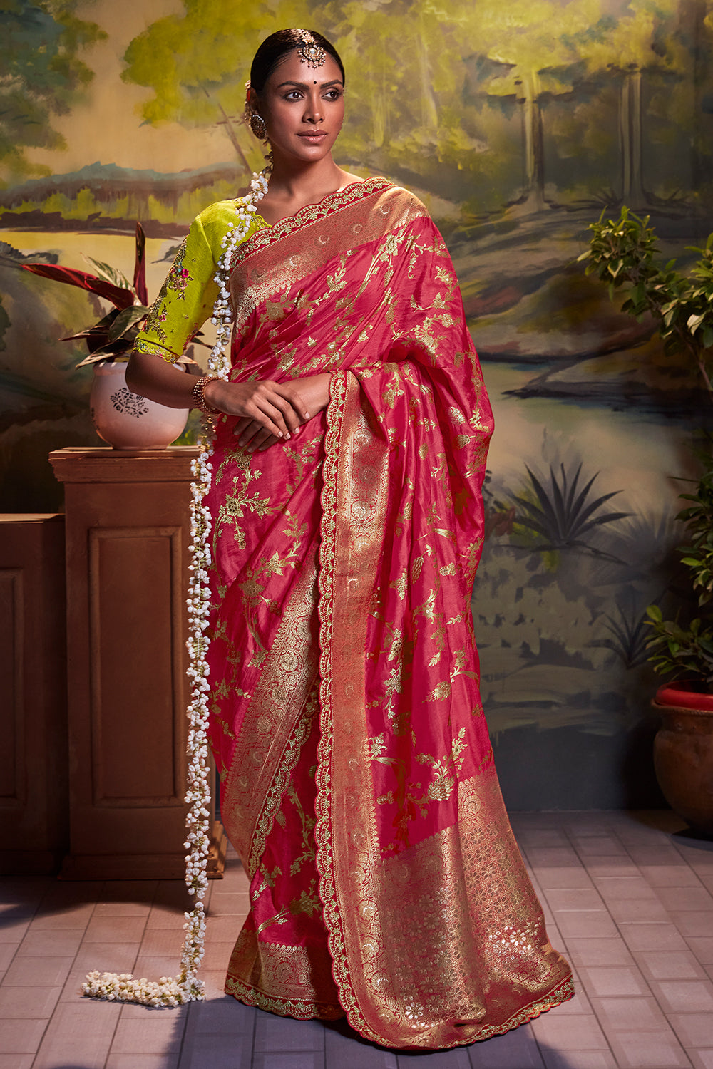 Buy Rani Pink Drape Saree With Fancy Blouse In Crepe