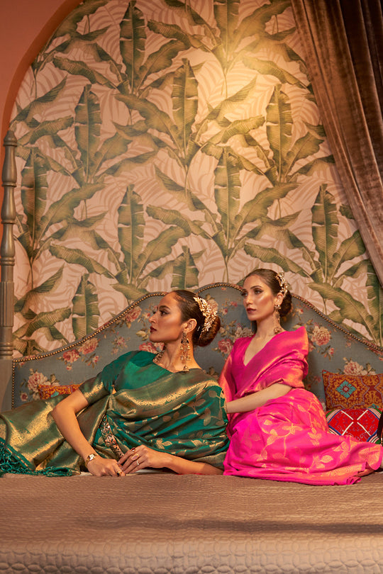White and Pink Kanjivaram Silk Bridal Saree Online Shopping – Sunasa