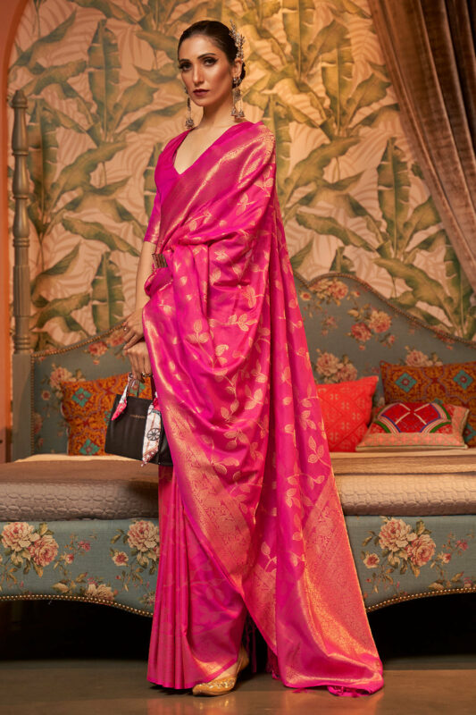 Rani Pink Woven Kanjivaram Satin Silk Saree - Urban Womania