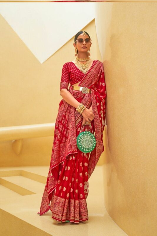 Buy Red Organza Saree with Golden Embroidered Cut Work Online in USA – Pure  Elegance