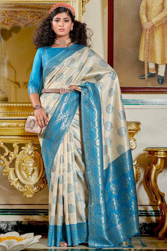 Buy Zari Woven Floral Border Blue And White Banarasi Saree