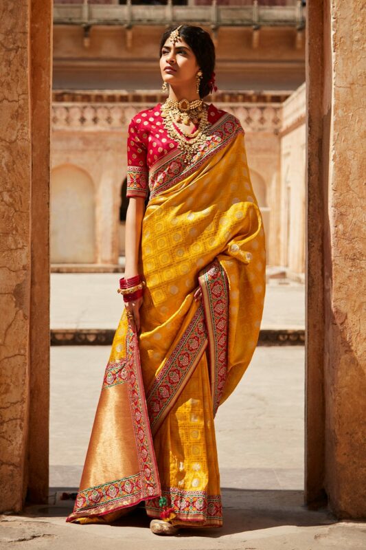 Saffron Yellow Woven Banarasi Paithani Silk Saree - Clothsvi