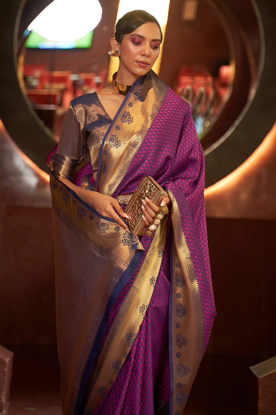Semi Tussar Plum Purple Saree With Zig Zag Zari Design On The Body And –  Kumaran Silks