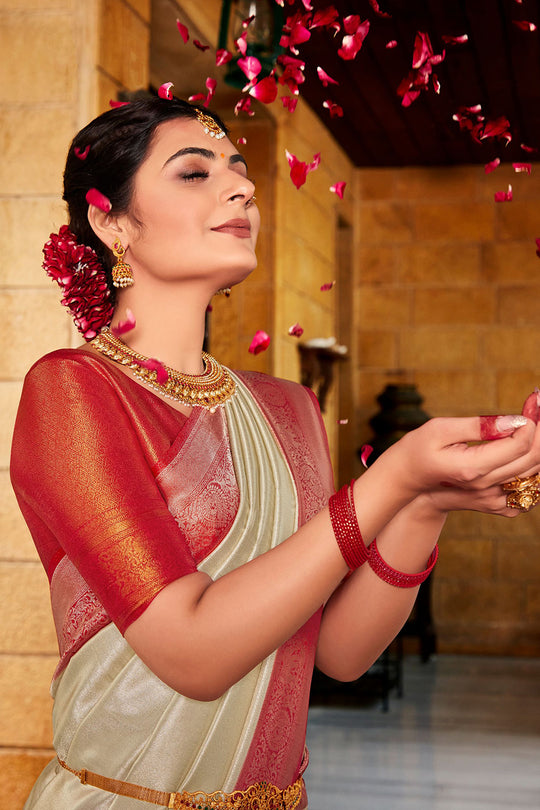 Beige And Red Pure Silk Kanjivaram Saree | Laxmi Style