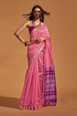 Baby Pink Banarasi Silk Saree With Blouse Peice (1)