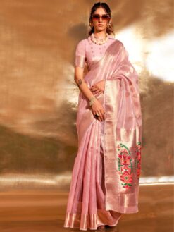 Pastel Pink Zari Woven Tissue Silk Wedding Saree (2)