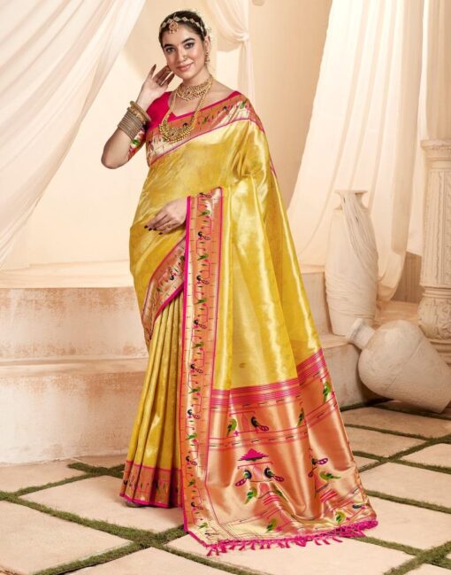 Yellow Jacquard Weaving Tissue Silk Paithani Saree (2)