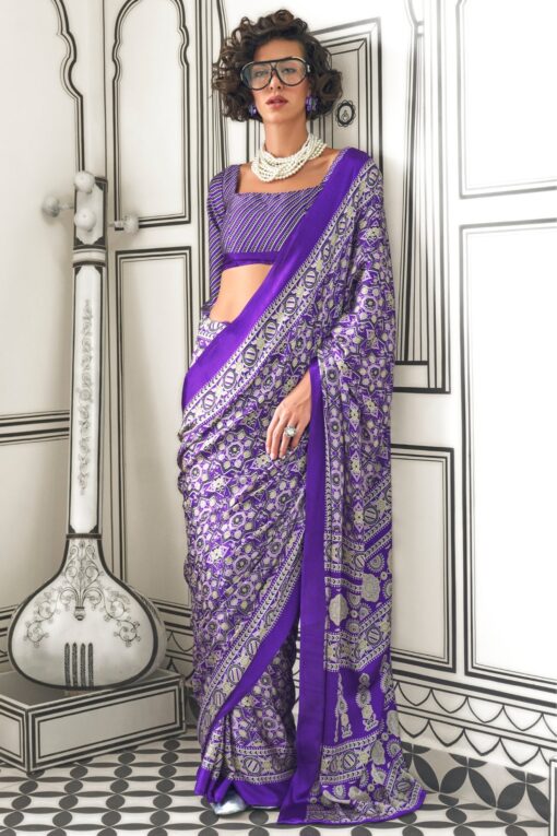 Purple Satin Silk Printed Saree