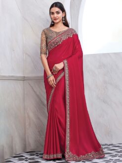 Dark pink embroidered saree