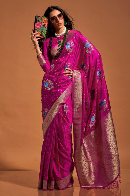 Pink satin silk saree