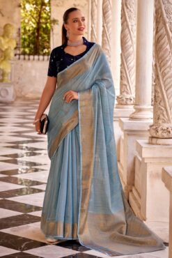 Sky blue cotton linen saree